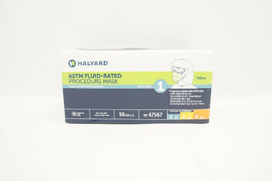 Halyard 47567 ASTM Level 1 Fluid-Rated Procedure Mask Yellow - Pack of 50